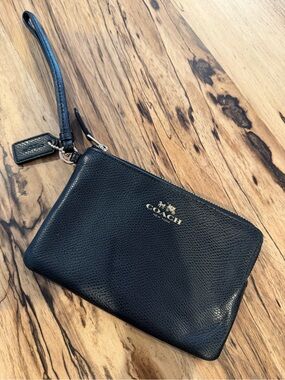 Coach Black Leather Zip Wristlet with Gold Logo
